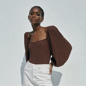 Brown Puffy Sleeve Bodysuit